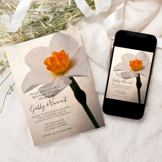 White Spring Daffodil Hochzeit Probe Dinner Einladung
