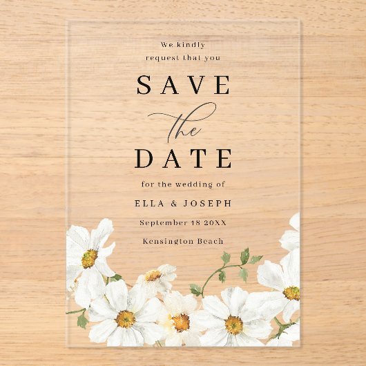 White Spring Floral Wedding Save The Date Acryleinladungen (Vorderseite)