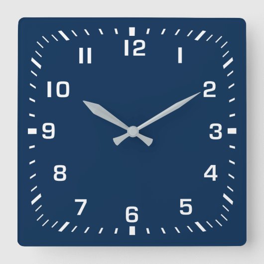 White Square Number Faceplate auf Navy Blue Quadratische Wanduhr (Vorderseite)
