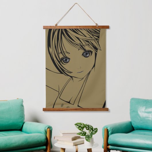 White Square, Young Anime Girl Drink Untersetzer Wandteppich Mit Holzrahmen (Wohnzimmer)