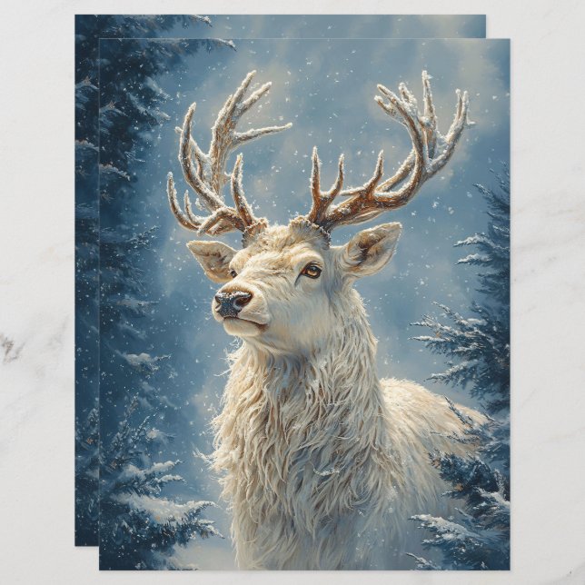 White Stag Portrait Mystical Art Scrapbook Paper (Vorne/Hinten)