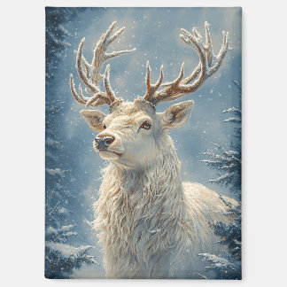 White Stag Portrait Mystical Winter Art Magnet