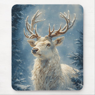 White Stag Portrait Mystical Winter Art Mousepad