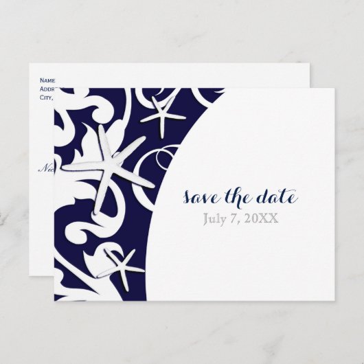 White Starfish Blue Beach Hochzeit Save the Date Ankündigungspostkarte (Vorne/Hinten)