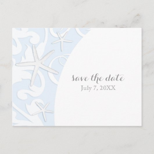 White Starfish Blue Beach Hochzeit Save the Date Ankündigungspostkarte (Vorderseite)