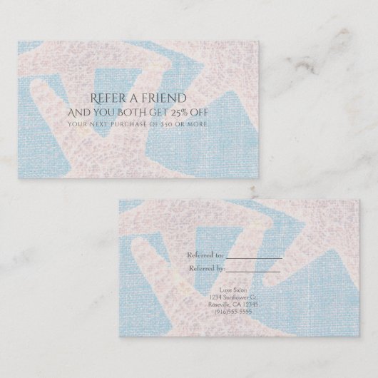 White Starfish & Blue Burlap Beach Refer a Friend Empfehlungskarte (Vorne/Hinten)
