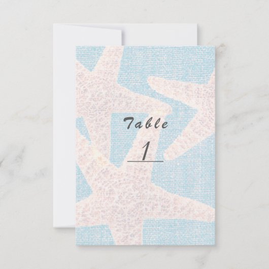 White Starfish & Blue Burlap Beach Tischnummer (Vorderseite)