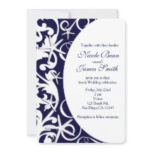 White Starfish Dark Blue Beach Hochzeitseinladunge