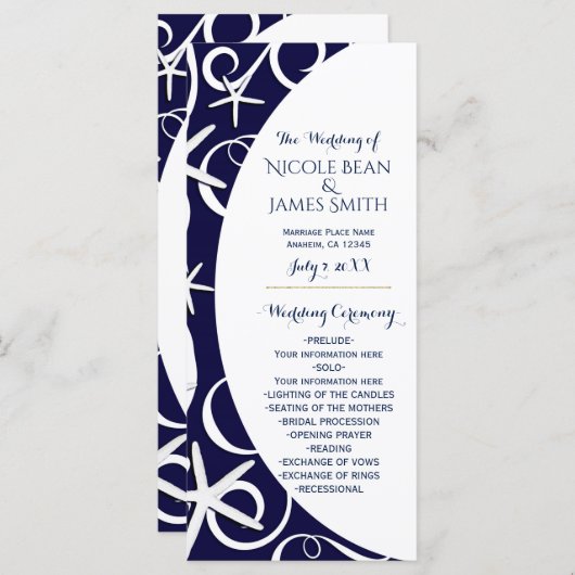 White Starfish Dark Blue Beach Hochzeitsprogramm Programm (Vorne/Hinten)