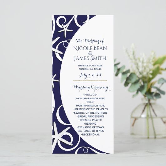White Starfish Dark Blue Beach Hochzeitsprogramm Programm (Stehend Vorderseite)