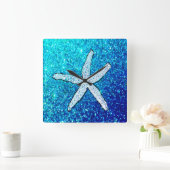 White Starfish Glitterie Funkelnd Aquamarin Blue N Quadratische Wanduhr (Zuhause)