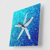 White Starfish Glitterie Funkelnd Aquamarin Blue N Quadratische Wanduhr (Winkel)