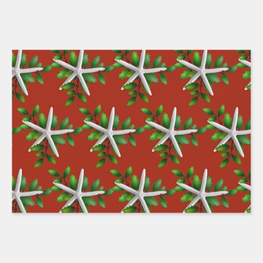 White Starfish in Holly Christmas Red Geschenkpapier Set (Vorderseite)