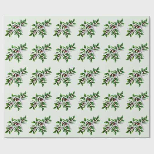 White Starfish in Holly Pattern Pale Pale Green Geschenkpapier (Flach)