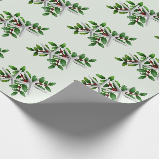 White Starfish in Holly Pattern Pale Pale Green Geschenkpapier (Ecke)