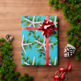 White Starfish n Holly Christmas Aqua Geschenkpapier