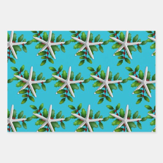 White Starfish n Holly Christmas Aqua Geschenkpapier Set (Vorderseite)