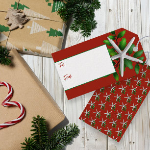 White Starfish n Holly Christmas Red Gift Tags Geschenkanhänger