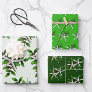 White Starfish n Holly Green Shades Geschenkpapier Set