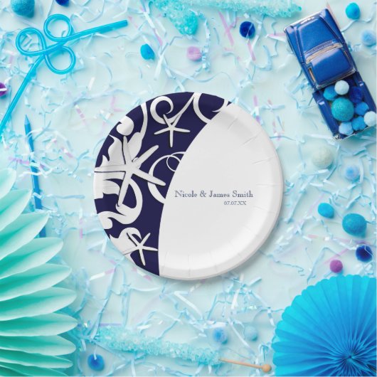 White Starfish Navy Blue Beach Elegante Hochzeit Pappteller (Party)