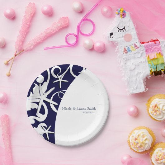 White Starfish Navy Blue Beach Elegante Hochzeit Pappteller (Party)