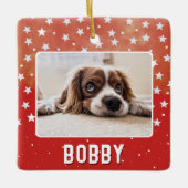 White Stars auf Red Pet Foto Name Weihnachten Keramikornament (Vorderseite)