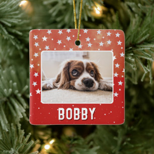 White Stars on Red Pet Photo Name Christmas Keramikornament