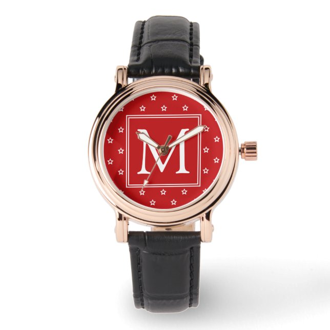 White Stars Pattern on Bright Red Monogram Armbanduhr (Vorderseite)