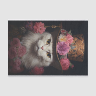 White Steampunk Cat, Roses, Decoupage Seidenpapier