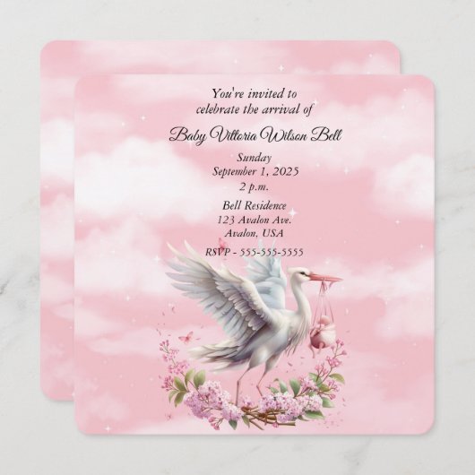 White Stork Pink Baby Girl Einladung (Vorne/Hinten)