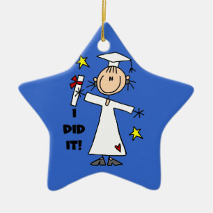 White Strichmännchen Girl Graduate on Blue Keramik Ornament