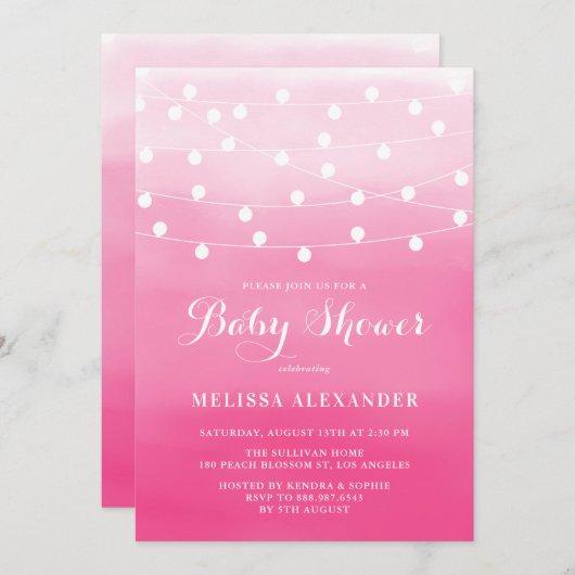 White String Lights Pink Ombre Babydusche Einladung (Vorne/Hinten)