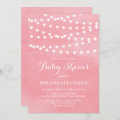 White String Lights Pink Watercolor Babydusche Einladung (Vorne/Hinten)