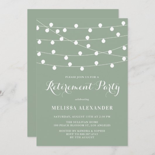 White String Lights Sage Green Retirement Party Einladung (Vorne/Hinten)