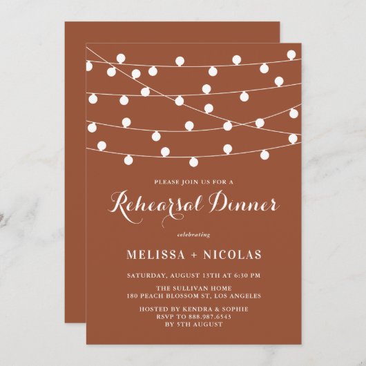 White String Lights Terracotta Probe Dinner Einladung (Vorne/Hinten)