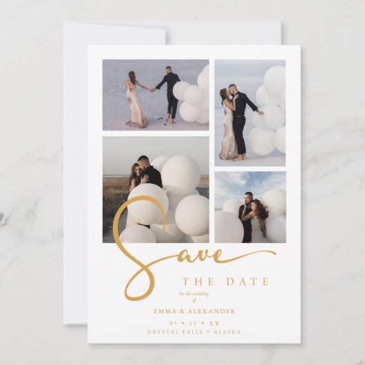 White Stylish Minimalist Custom 4-Photo Wedding Save The Date (Vorderseite)