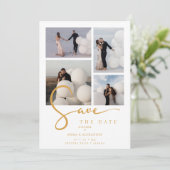 White Stylish Minimalist Custom 4-Photo Wedding Save The Date (Stehend Vorderseite)