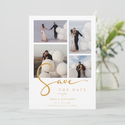 White Stylish Minimalist Custom 4-Photo Wedding Save The Date (Stehend Vorderseite)