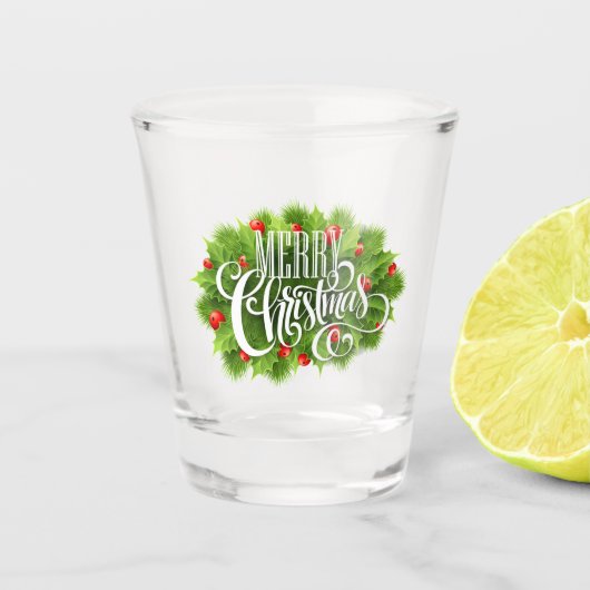 White Stylish Typografy Merry Christmas Holly Schnapsglas (Vorderseite)