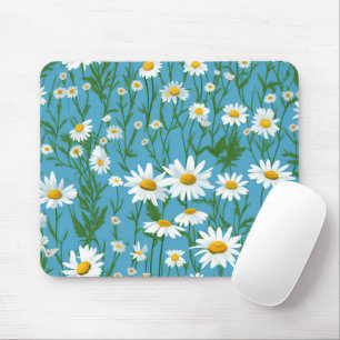 White Summer Daisies on Aqua Mousepad