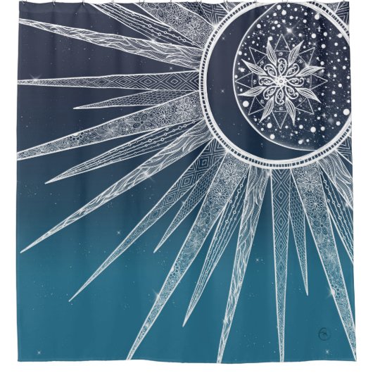 White Sun Moon Mandala Blue Gradient Design Duschvorhang (Vorderseite)