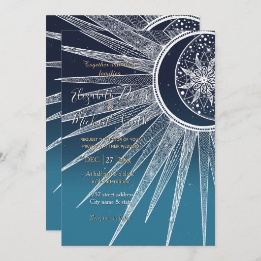 White Sun Moon Mandala Blue Gradient Design Einladung (Vorne/Hinten)