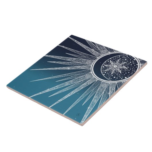 White Sun Moon Mandala Blue Gradient Design Fliese (Seite)