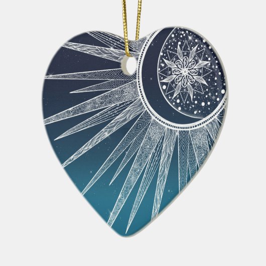 White Sun Moon Mandala Blue Gradient Design Keramik Ornament (Links)