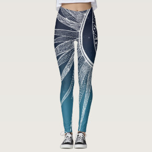 White Sun Moon Mandala Blue Gradient Design Leggings