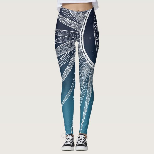 White Sun Moon Mandala Blue Gradient Design Leggings (Vorderseite)