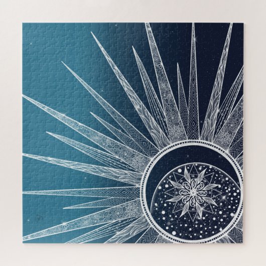 White Sun Moon Mandala Blue Gradient Design Puzzle (Horizontal)
