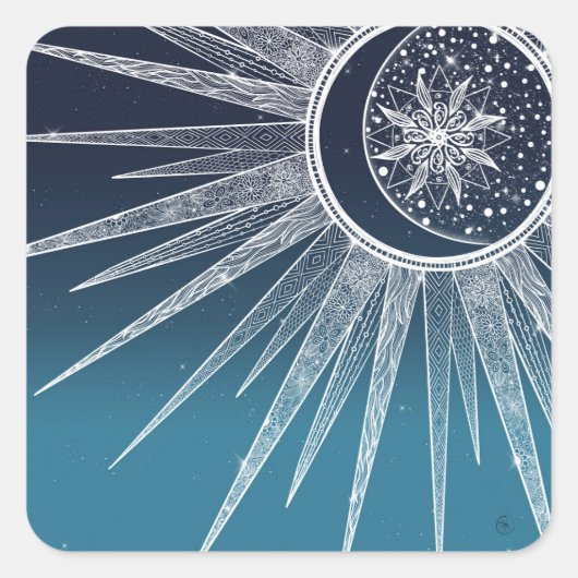 White Sun Moon Mandala Blue Gradient Design Quadratischer Aufkleber (Vorderseite)