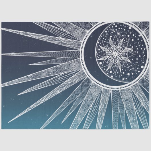 White Sun Moon Mandala Blue Gradient Design Seidenpapier (Vorderseite)