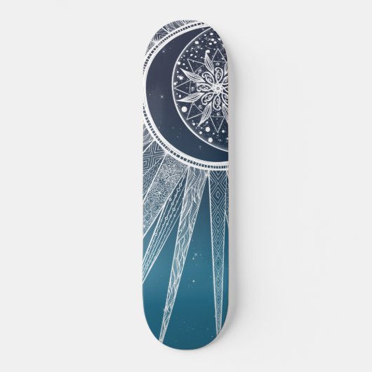 White Sun Moon Mandala Blue Gradient Design Skateboard (Vorderseite)